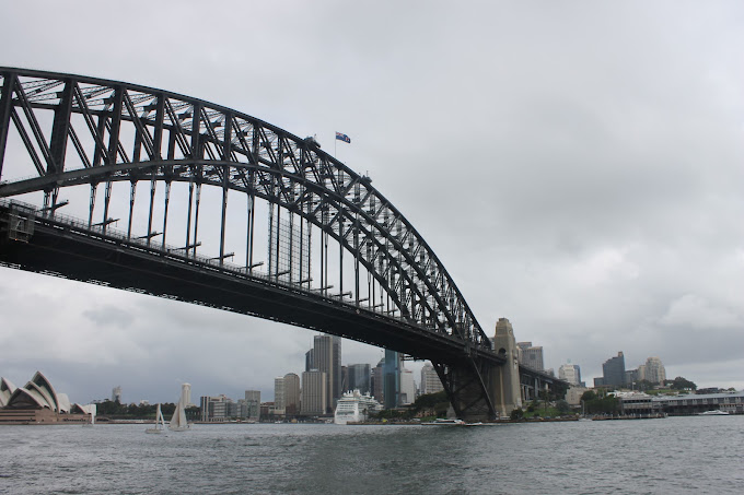 Sydney Harbour Bridge viewed from the water with the Opera House in the background