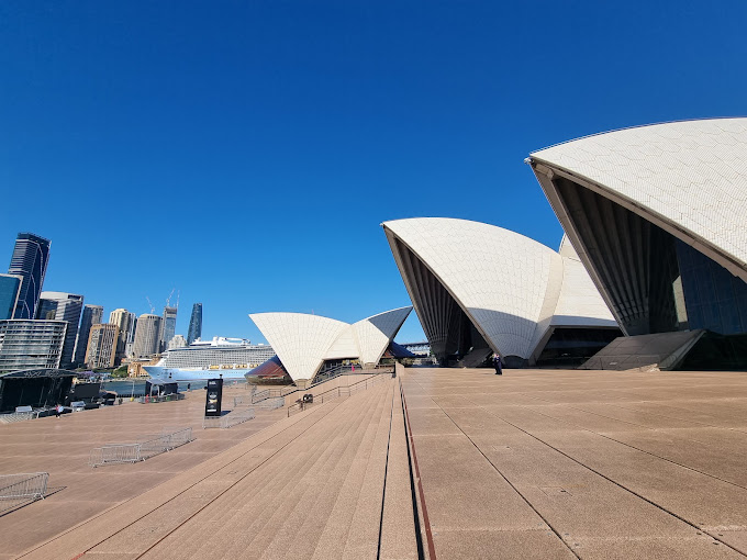 Sydney Opera House sails viewed up close from the forecourt
