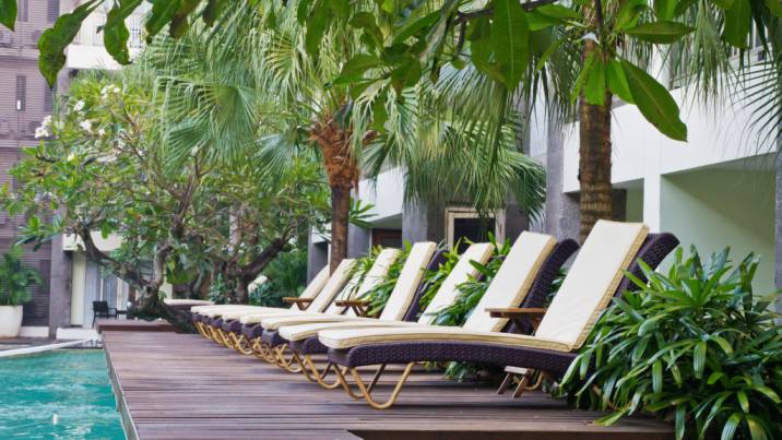 Timber pool deck with sun loungers surrounded by tropical plants